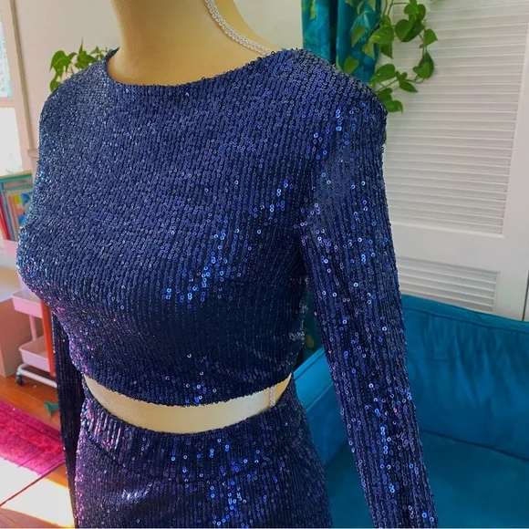Salty Sophia Sequin 2 Piece Matching Dress Set Midnight Navy Blue NYE New Medium - Picture 7 of 13